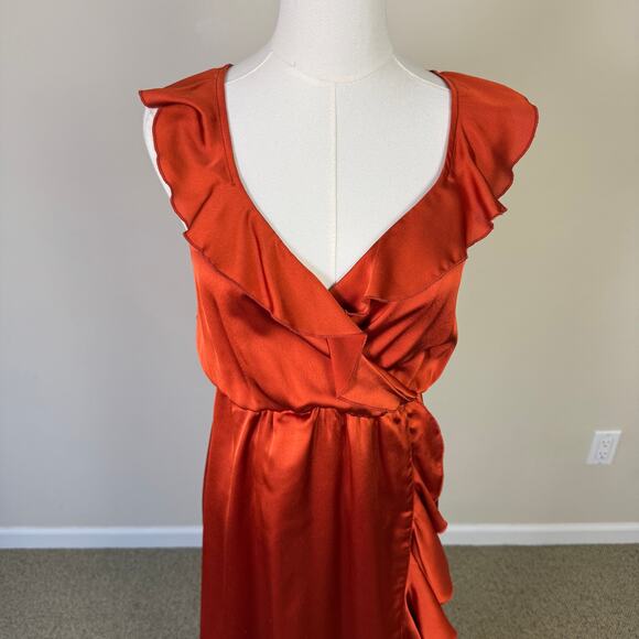 Show Me Your Mumu Samantha Ruffle Wrap Satin Midi Dress US Women's XS - Picture 3 of 7